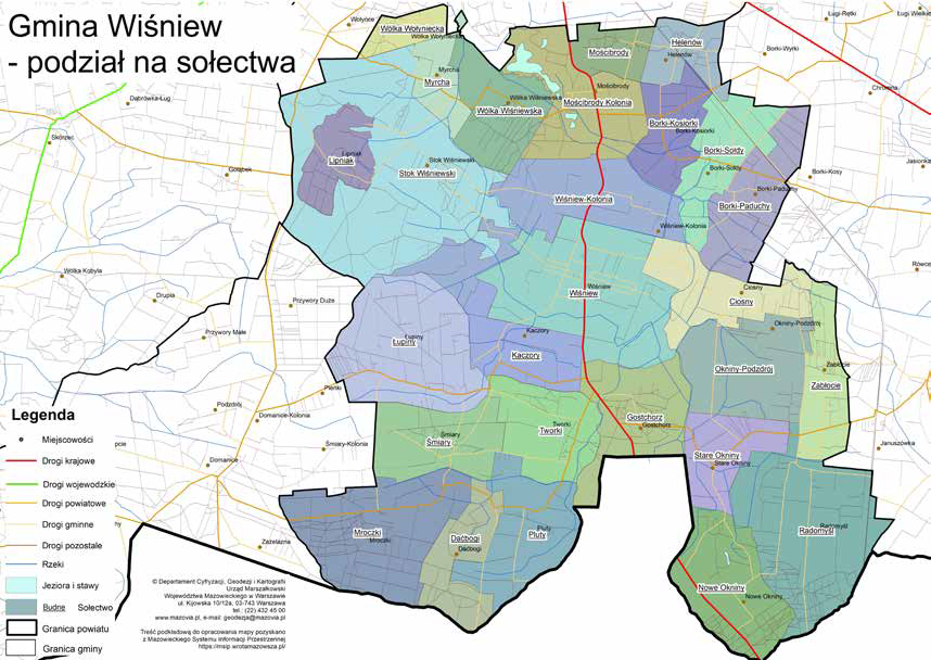 Mapa gminy Wisniew z podziałem na sołectwa
